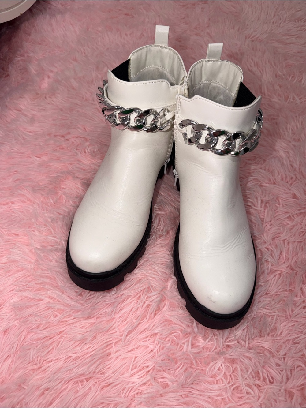 Madden Girl White Ankle Boots with Silver Chain Accent
